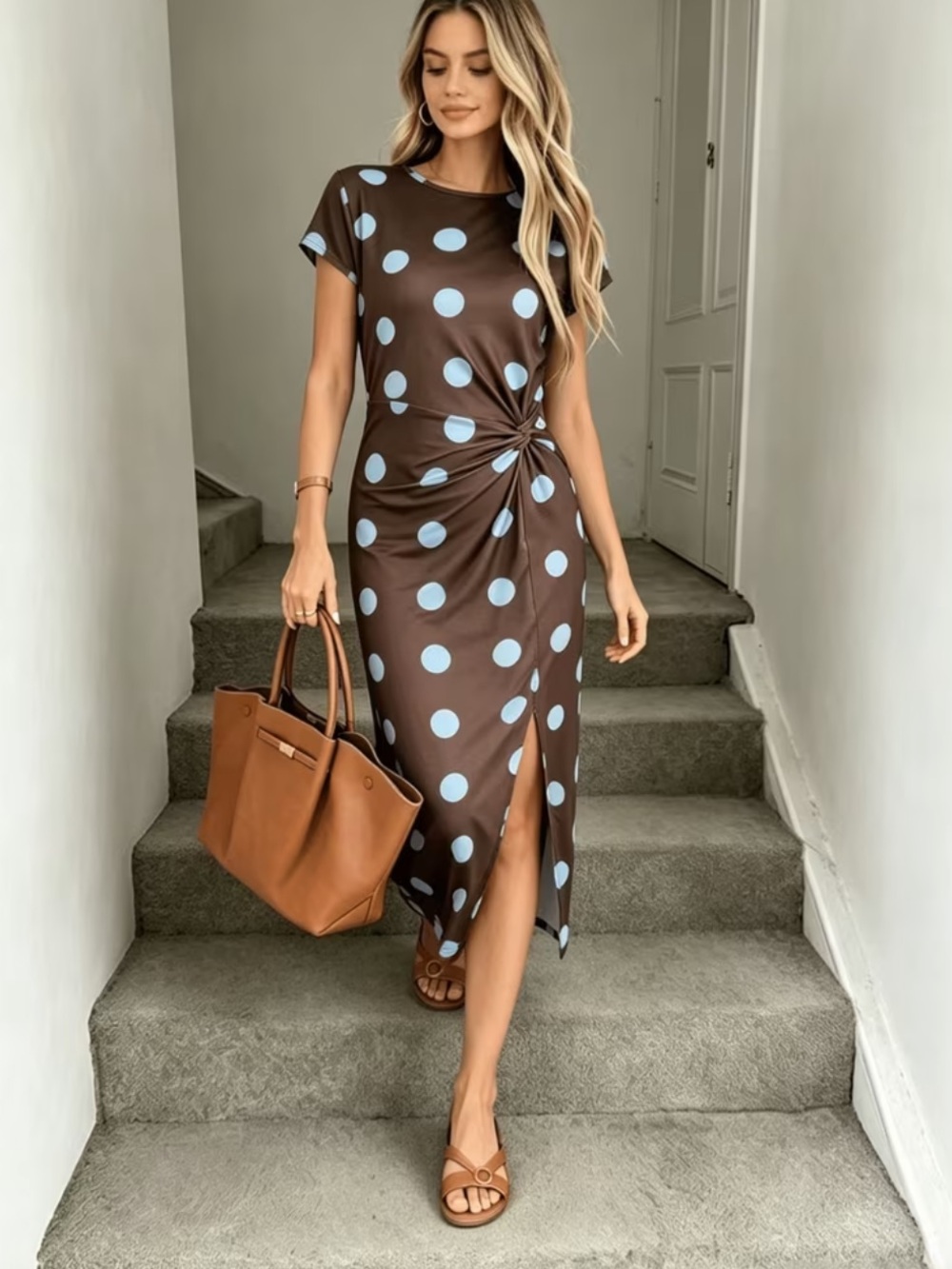 Women's Summer Gentle Style Brown Base Polka Dot Print Dress, Simple Flowy Fit